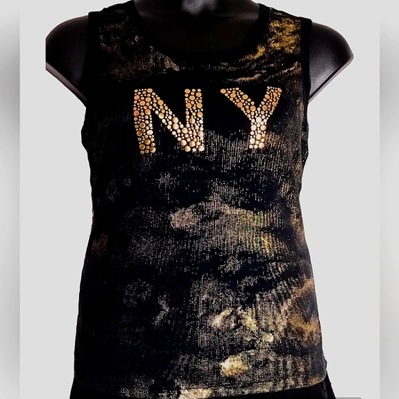CAREN SPORT | Vintage Black,Gold Ribbed Cotton New York Tank | 2X - Picture 2 of 5